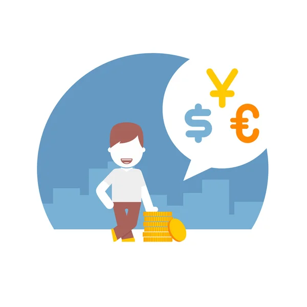 Man uses different currencies. dollar, euro and yen — Stock Vector