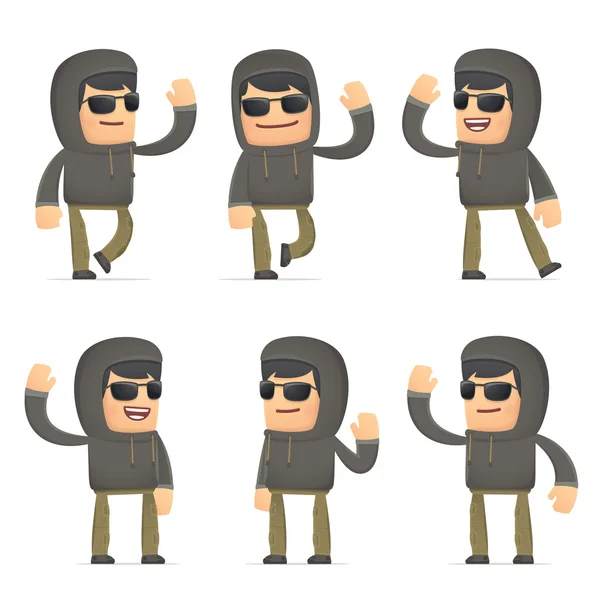 Conjunto de carácter hacker en diferentes poses — Vector de stock