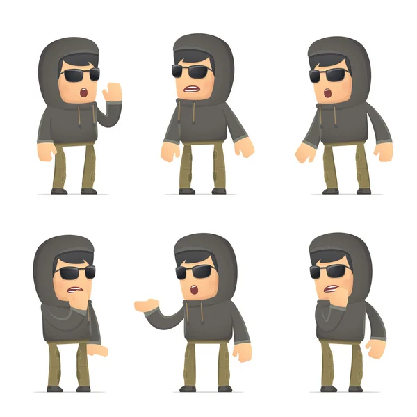 Set of hacker character in different poses — Stock Vector