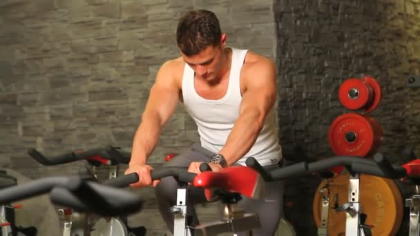 Schöner sportlicher Mann trainiert im Fitnessstudio — Stockvideo