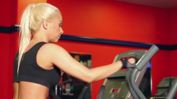 Hermosa mujer deportiva está haciendo ejercicio en el centro de gimnasia — Vídeos de Stock