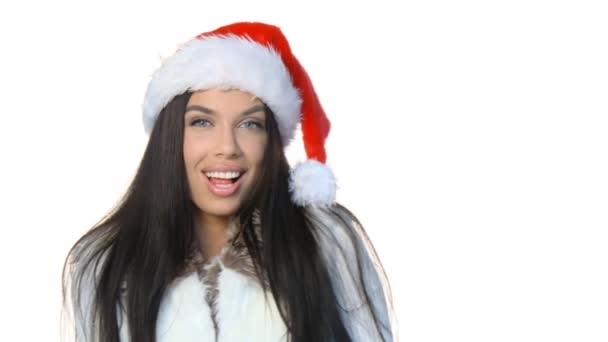 Portrait of beautiful sexy girl wearing santa claus hat — Stock Video