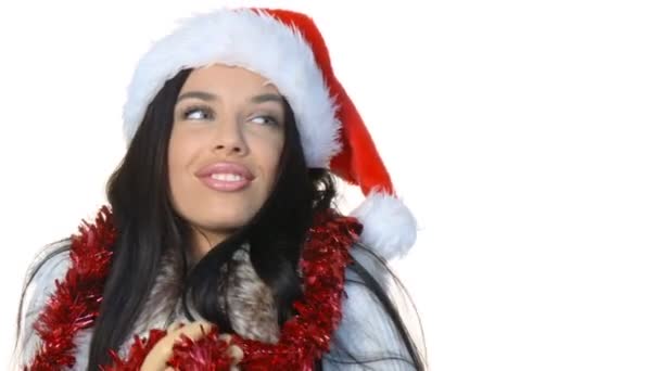 산타 클로스 모자를 입고 아름 다운 섹시 한 여자의 초상화 — 비디오