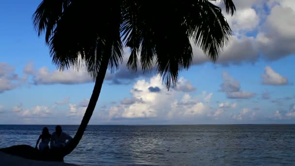 坐在旁边棕榈树在日落时的浪漫情侣 — 图库视频影像
