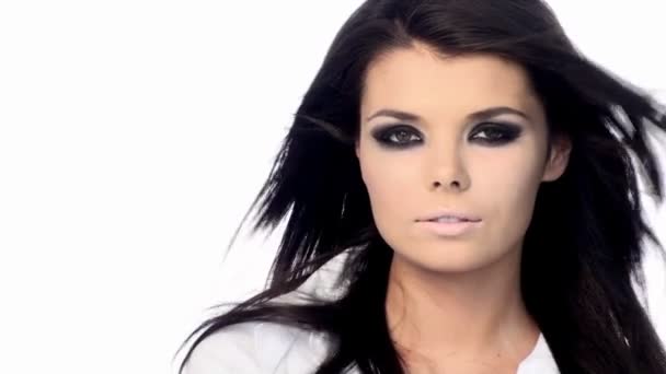 Young beautiful brunette with black scary makeup — Stock Video