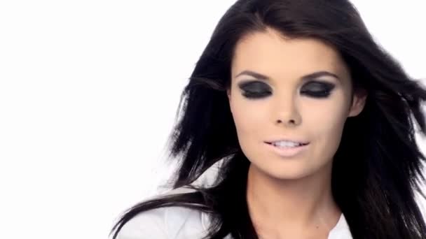 Young beautiful brunette with black scary makeup — Stock Video