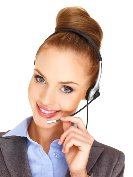 Bella donna receptionist con un auricolare — Foto Stock