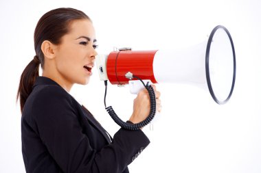 Business woman screaming loudly thru big megaphone clipart