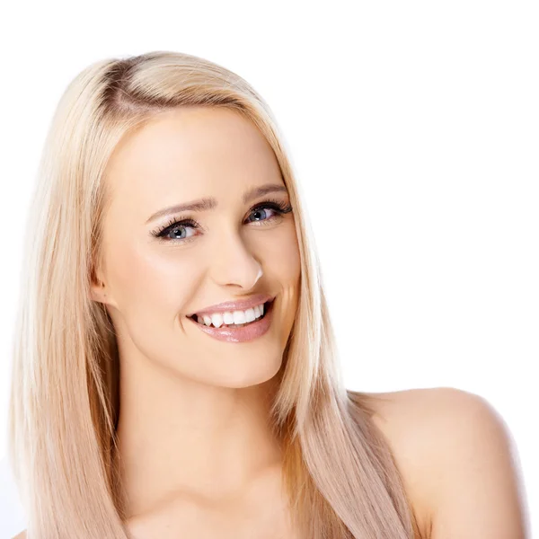 Glücklich langhaarige blonde Frau auf weiß — Stockfoto