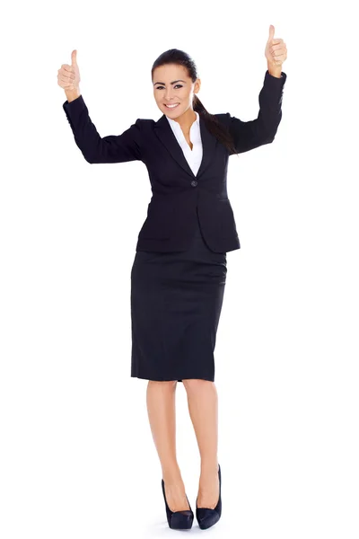 Donna d'affari in piedi e mostrando pollici in su gesto — Foto Stock