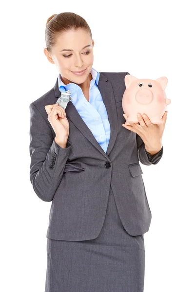 Woman deciding whether to spend or save — Stock Photo, Image