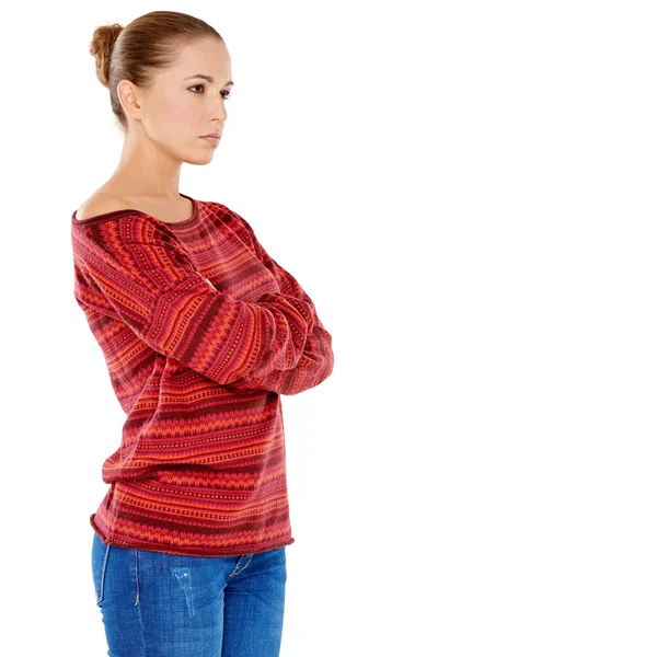 Sexy woman in a red winter top — Stock Photo, Image