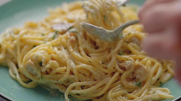Fresh spaghetti carbonara on plate. Noodles are rolled on a fork — Stock Video