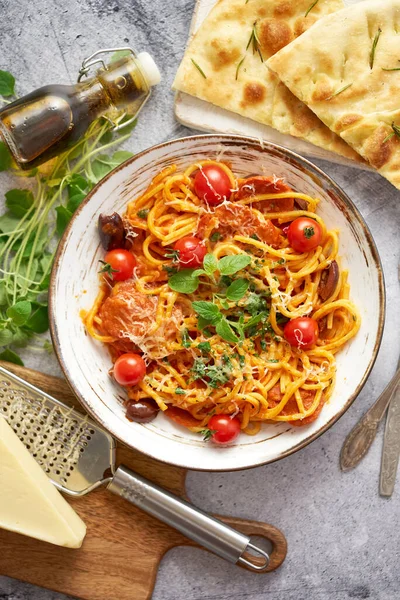 Tasty appetizing pasta served with tomato sauce — Photo