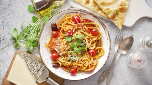 Tasty appetizing pasta served with tomato sauce — Video Stock