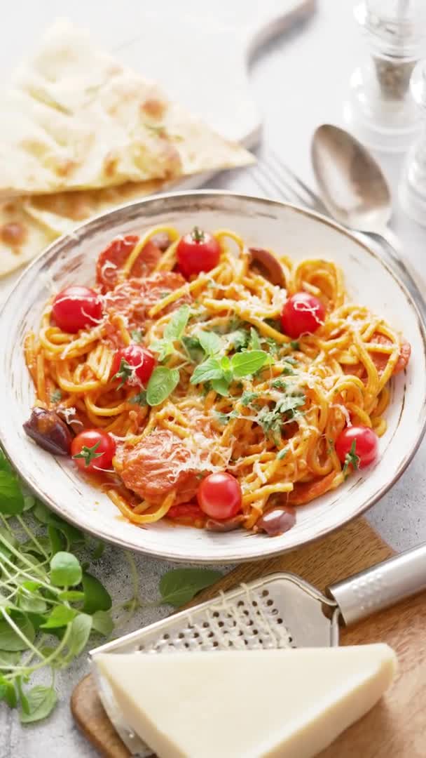 Sabrosa pasta apetitosa servida con salsa de tomate — Vídeo de stock