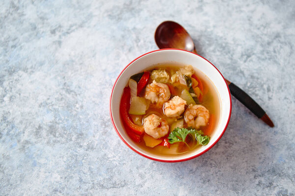 Traditional asian udon stir-fry noodles with shrimp Stock Picture