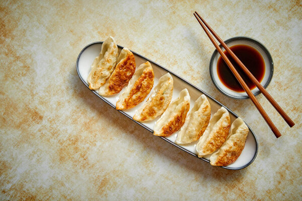Orginal asian dumplings gyoza served in long plate Stock Picture