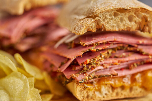 Reuben sandwich. Classic traditional American sandwich. Pastrami and corned beef on grilled bread Royalty Free Stock Images