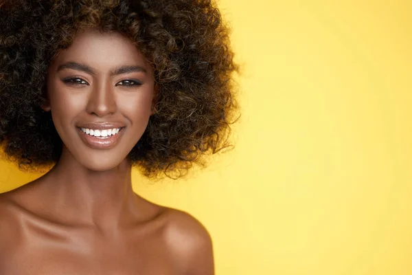 Positive Young Female Curly Hair Looking Camera Yellow Background Studio — Stock Photo, Image