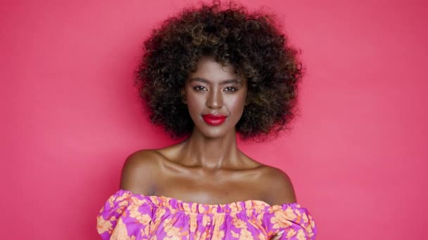 Beautiful African American Female Curly Hair Bare Shoulders Looking Camera — Stock Video