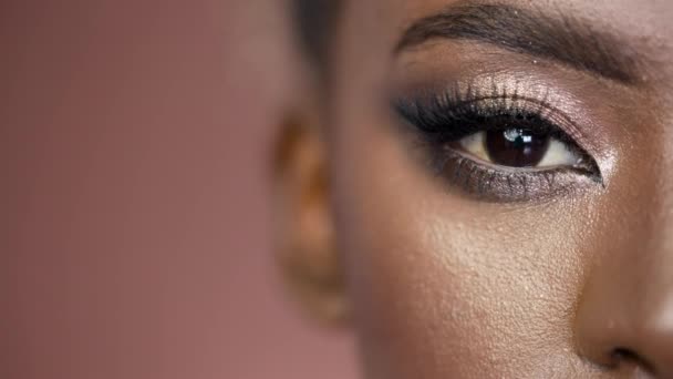 Half Face Beautiful Black African American Woman Wearing Fashion Make — Vídeos de Stock