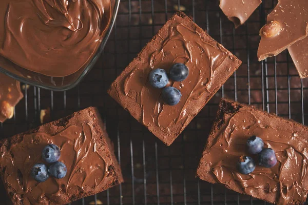 Composition Fresh Homemade Chocolate Brownie Squares Melting Chocolate Fresh Blueberries — Stockfoto