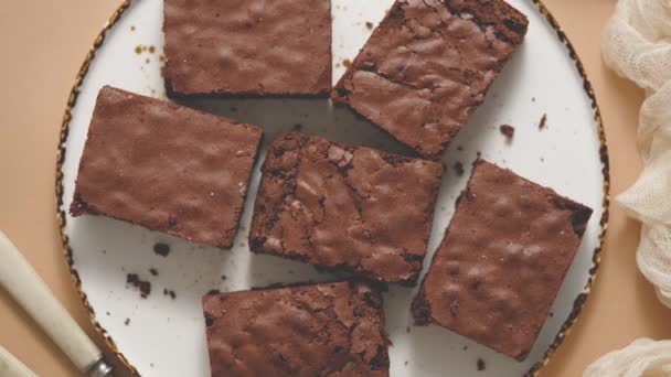 Delicious Homemade Chocolate Brownies Served White Plate Beige Background Top — Stock video