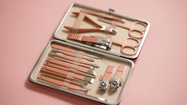 Pastel Cosmetic Set Nail Care Case Placed Pink Background Flat — 图库视频影像