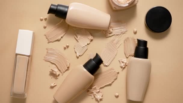 Bottles Makeup Foundation Samples Beige Background Flat Lay Top View — Wideo stockowe