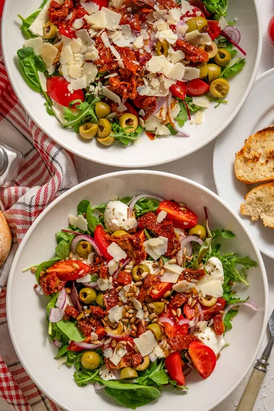 Two Person Meal Tasty Dried Tomatoes Salad Fresh Vegetables Mix — Stock Fotó