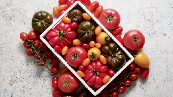 Assortment Tomatoes Wooden Box Fresh Vegetables Placed Stone Background Top — Stockvideo