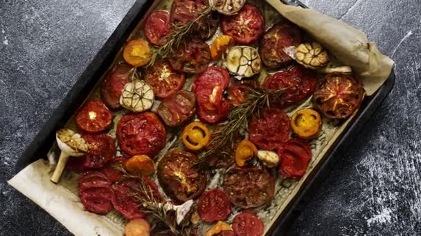 Various Kinds Roasted Red Yellow Tomatoes Thyme Garlic Metal Oven — Wideo stockowe