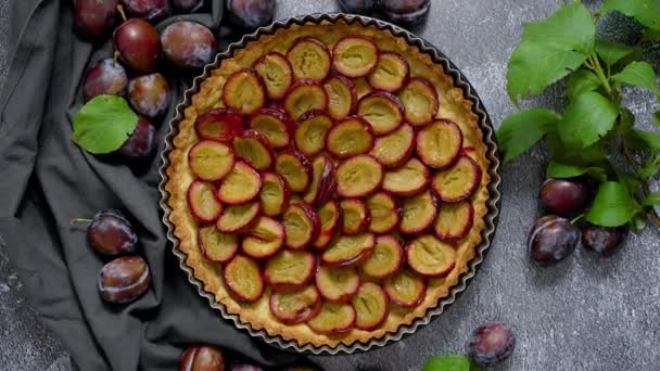 Homemade Delicious Plum Tart Sugar Powder Placed Table Served Raw — Stock videók