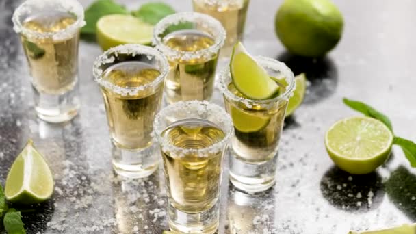 Golden Tequila Shots Served Lime Sea Salt Table Flat Lay — ストック動画