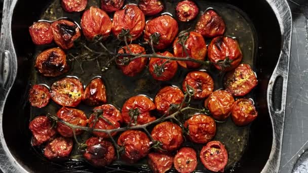 Tray Roasted Red Cherry Tomatoes Garlic Herbs Olive Top View — Video