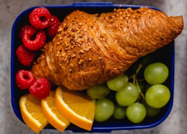 Lunch Box Sandwich Croissant Fruit Healthy Snacks School Close Shot — Photo