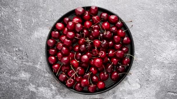 Sweet Fresh Cherry Plate Stone Background Top View Flat Lay — Video Stock