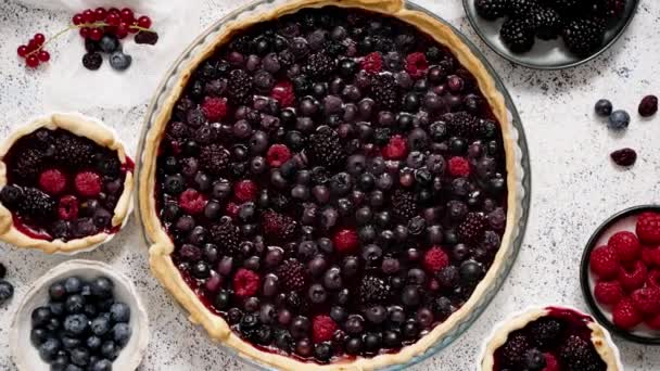 Sweet Delicious Homemade Forest Berry Tart Pie Blueberries Raspberries Whole — 图库视频影像