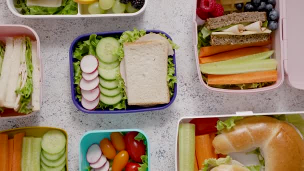 Shot School Lunchboxes Various Healthy Nutritious Meals Stone Background Top — Video