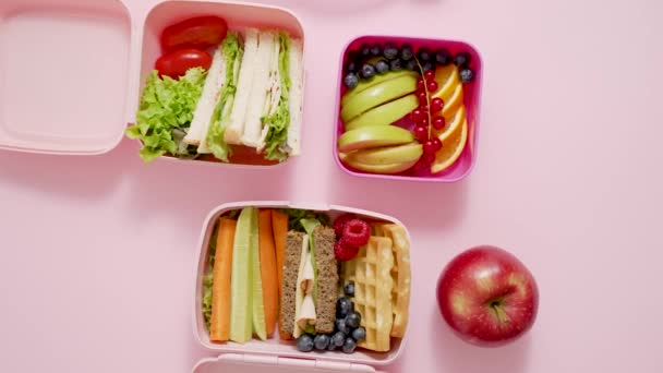 Shot School Lunchboxes Various Healthy Nutritious Meals Pink Background Top — Stok Video