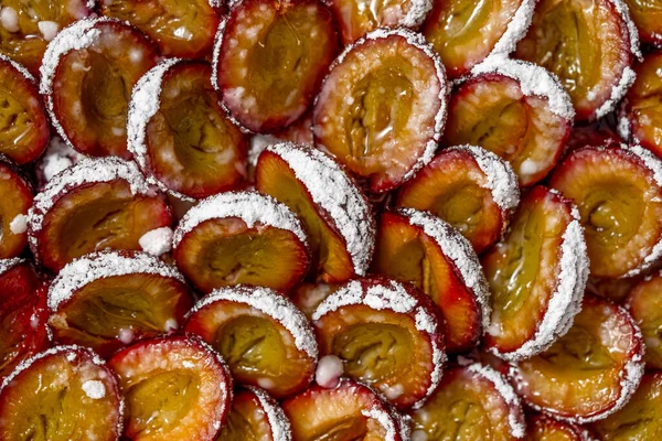 Tasty Homemade Pie Tart Plums Sugar Powder Close Shot Top — Photo