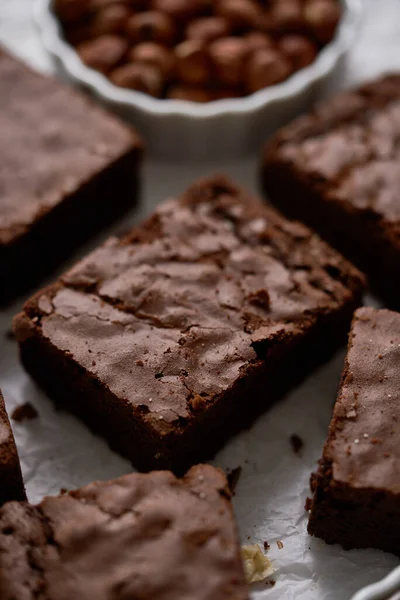 Close Fresh Homemade Chocolate Brownie Served Hazelnuts Melted Cream Baking — Stockfoto