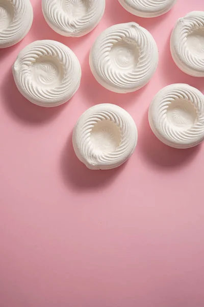Empty Meringue Nests Placed Pink Background Concept Tasty Sweet Dessert — Stockfoto