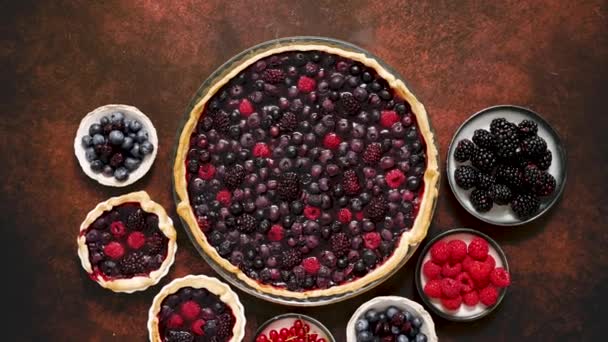 Homemade Fresh Cake Tart Berries Raspberries Blackberries Red Black Currant — Stok video
