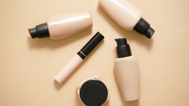 Bottles Makeup Foundation Samples Beige Background Flat Lay Top View — 图库视频影像