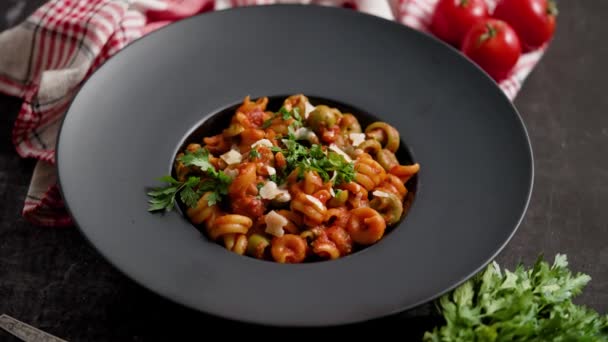 Tasty Appetizing Classic Italian Pasta Tomato Sauce Cheese Parmesan Basil — Wideo stockowe