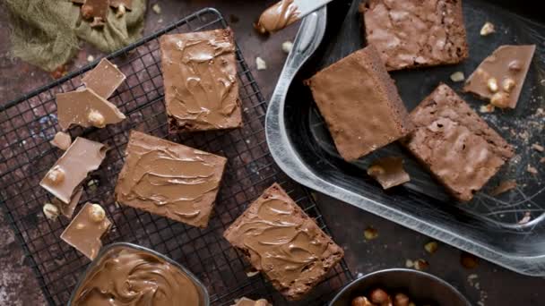 Composizione Freschi Brownie Cioccolato Fatti Casa Quadrati Fondendo Cioccolato Mirtilli — Video Stock