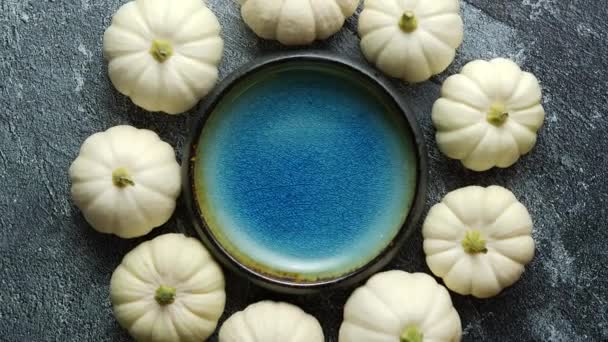 Small White Baby Boo Mini Pumpkins Placed Circle Blue Ceramic — Stockvideo
