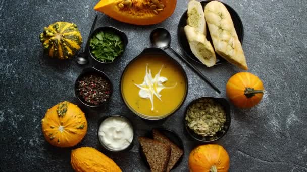 Homemade Pumpkin Soup Cream Sides Top View Image Stone Table — Video Stock